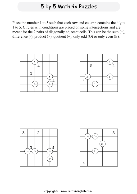 printable 5 by 5 Mathrix math calculation puzzle