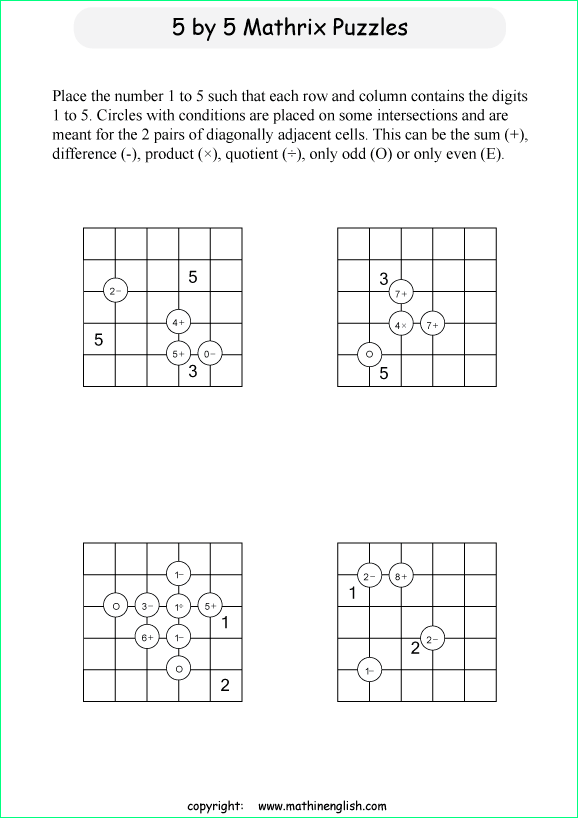 printable 5 by 5 Mathrix math calculation puzzle