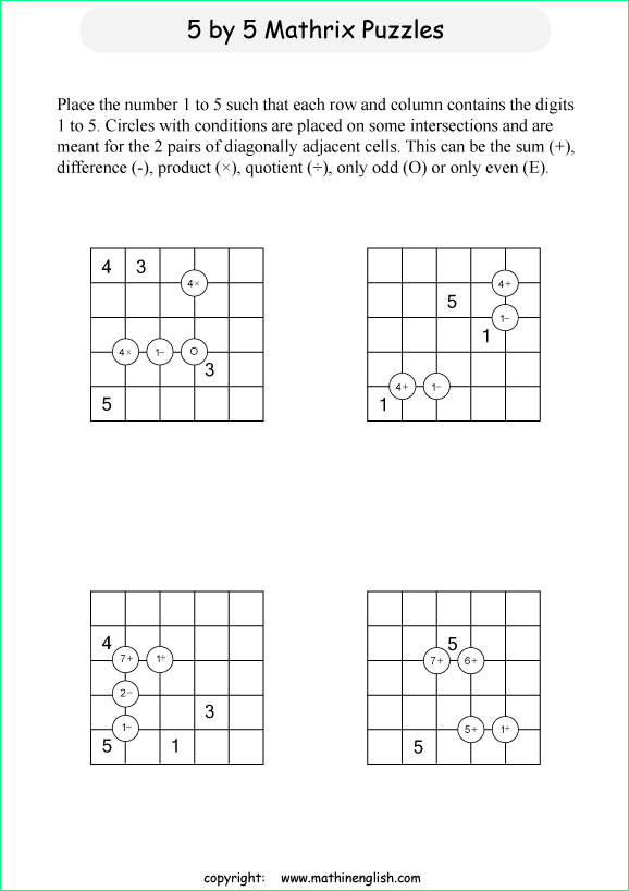 printable 5 by 5 Mathrix math calculation puzzle