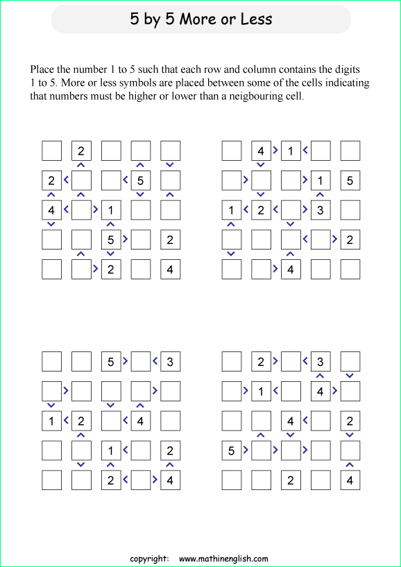 printable 5 by 5 More or Less math Sudoku for children