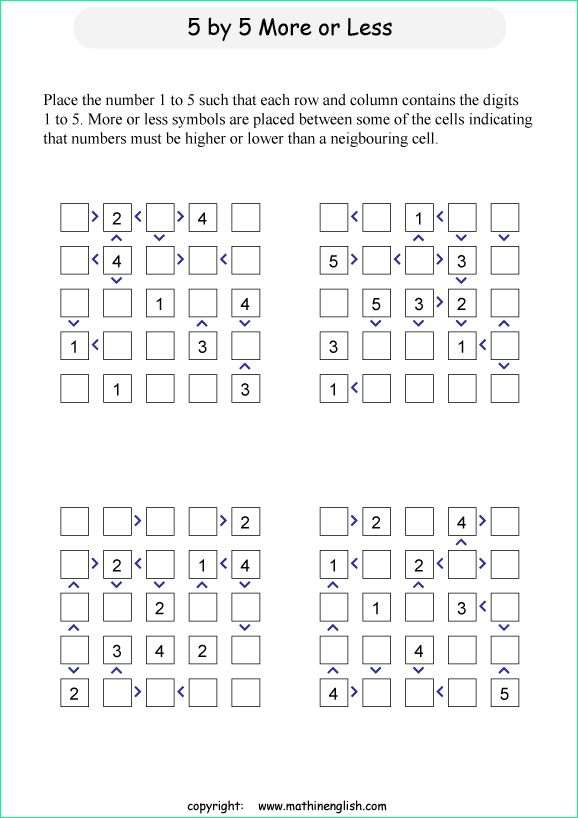 printable 5 by 5 More or Less math Sudoku for children