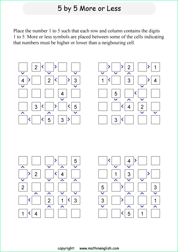 printable 5 by 5 More or Less math Sudoku for children