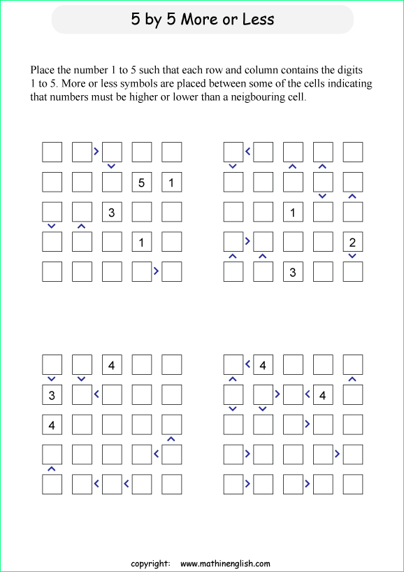 printable 5 by 5 More or Less math Sudoku for children