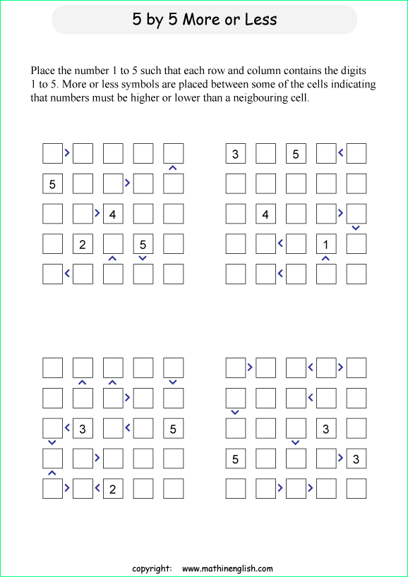 printable 5 by 5 More or Less math Sudoku for children