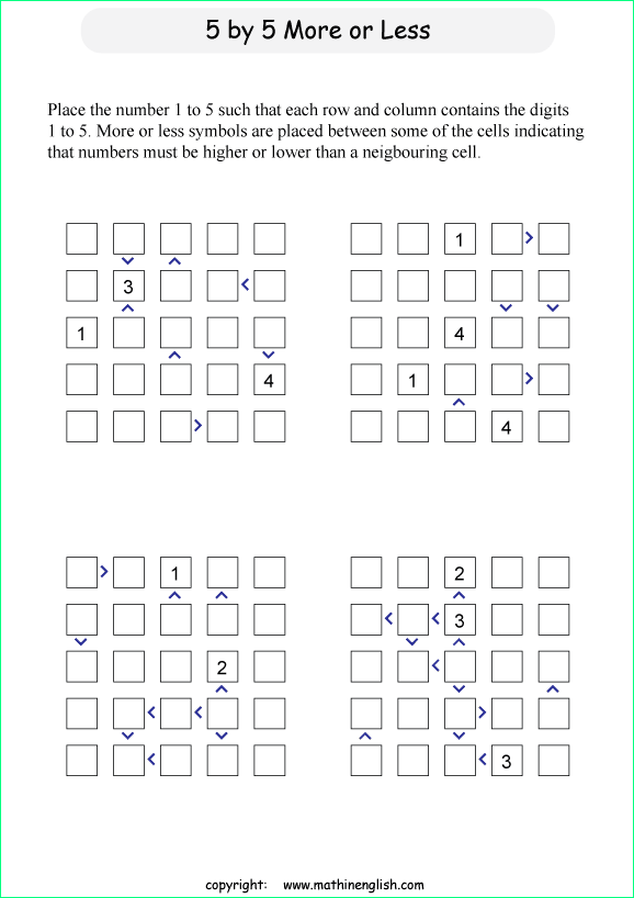 printable 5 by 5 More or Less math Sudoku for children