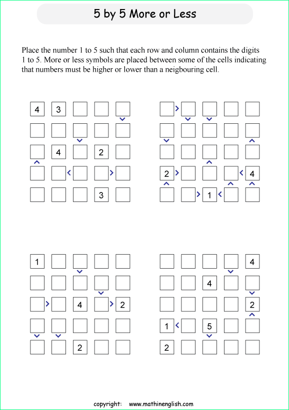 printable 5 by 5 More or Less math Sudoku for children