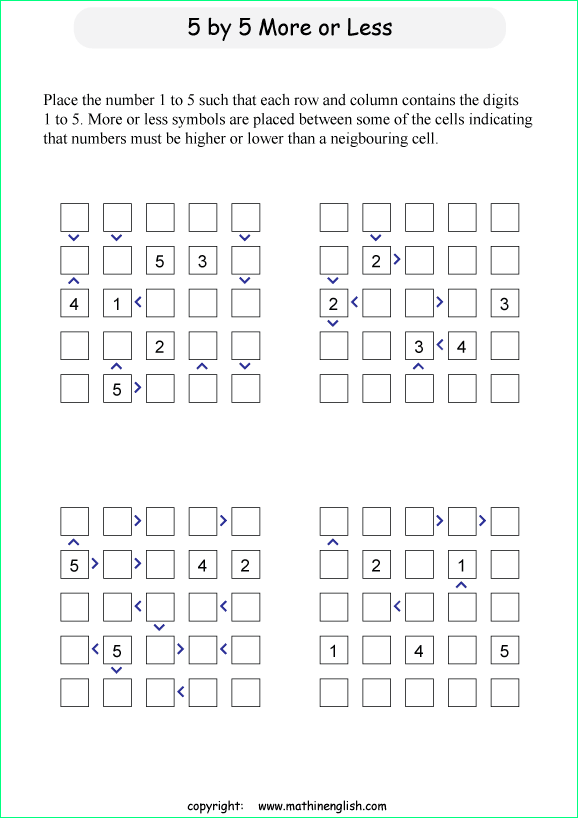 printable 5 by 5 More or Less math Sudoku for children