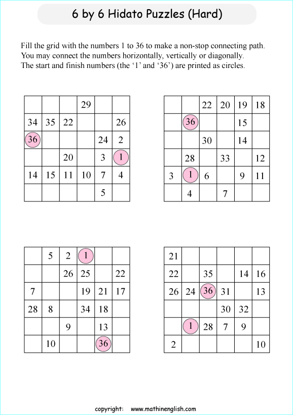 printable 6 by 6 Hidato logic IQ puzzle for kids