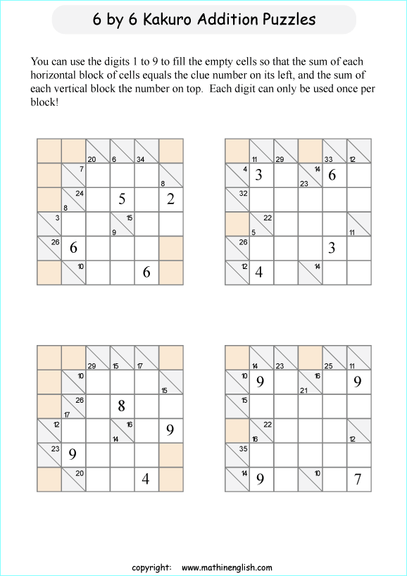 printable 6 by 6 Kakuro addition puzzle for kids