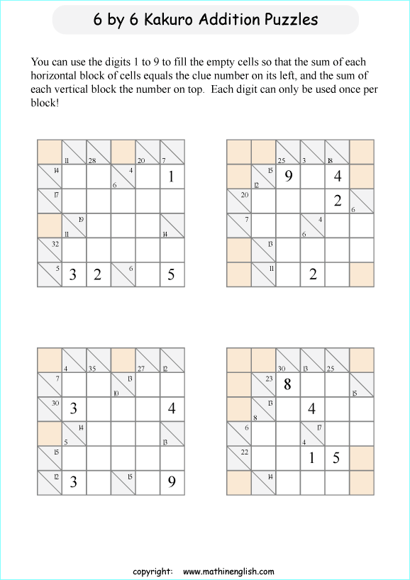 printable 6 by 6 Kakuro addition puzzle for kids