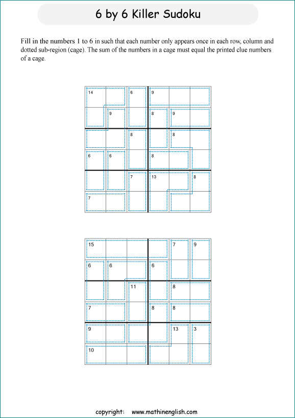 printable 6 by 6 Killer Sudoku math operations puzzle for kids and math students