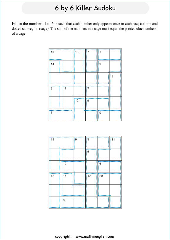 printable 6 by 6 Killer Sudoku math operations puzzle for kids and math students