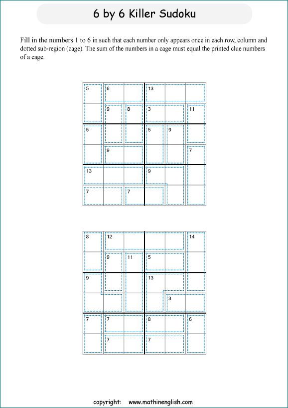 printable 6 by 6 Killer Sudoku math operations puzzle for kids and math students