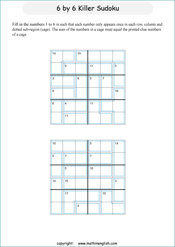 printable 6 by 6 Killer Sudoku math operations puzzle for kids and math students