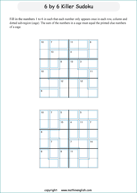 printable 6 by 6 Killer Sudoku math operations puzzle for kids and math students