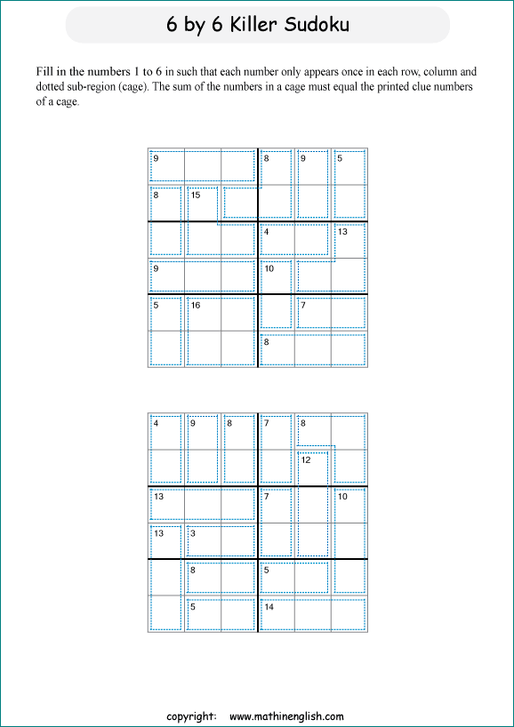 printable 6 by 6 Killer Sudoku math operations puzzle for kids and math students