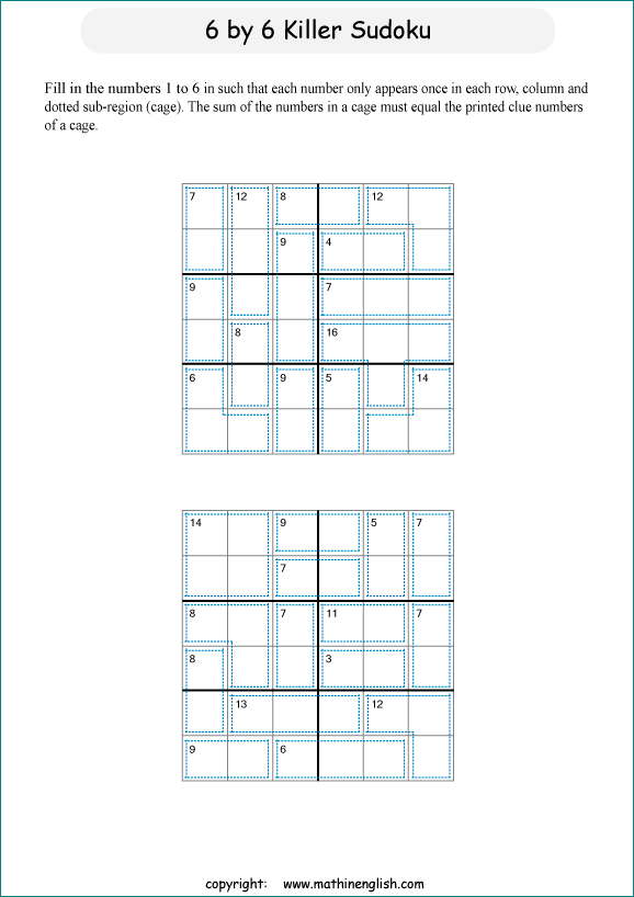 printable 6 by 6 Killer Sudoku math operations puzzle for kids and math students