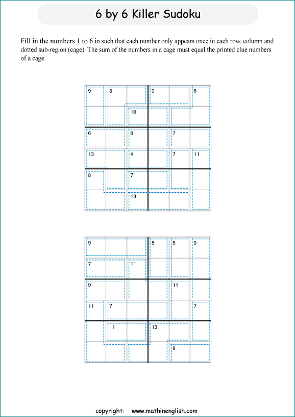 printable 6 by 6 Killer Sudoku math operations puzzle for kids and math students