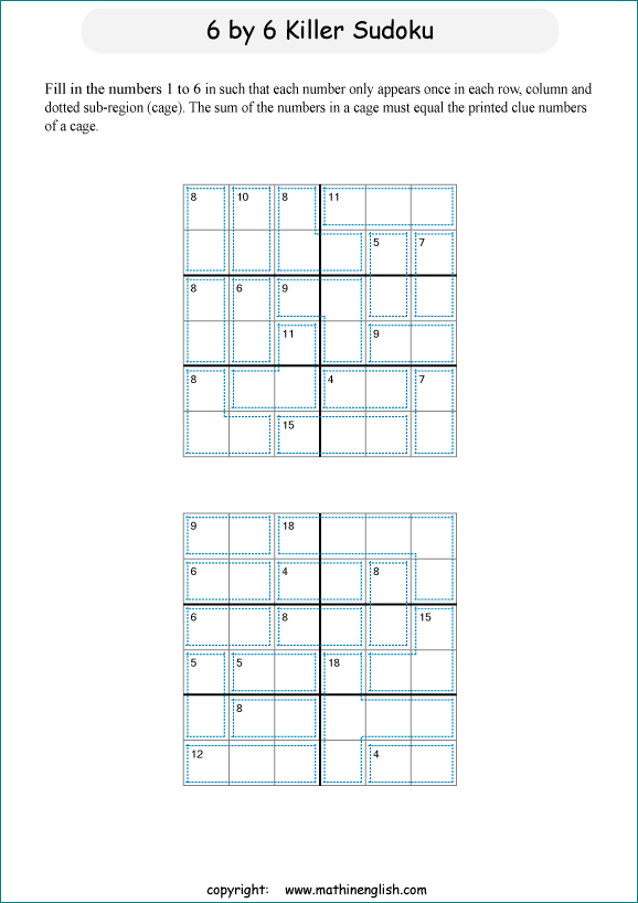 printable 6 by 6 Killer Sudoku math operations puzzle for kids and math students