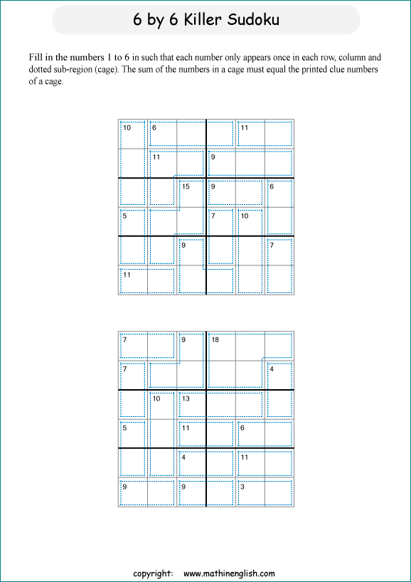 printable 6 by 6 Killer Sudoku math operations puzzle for kids and math students