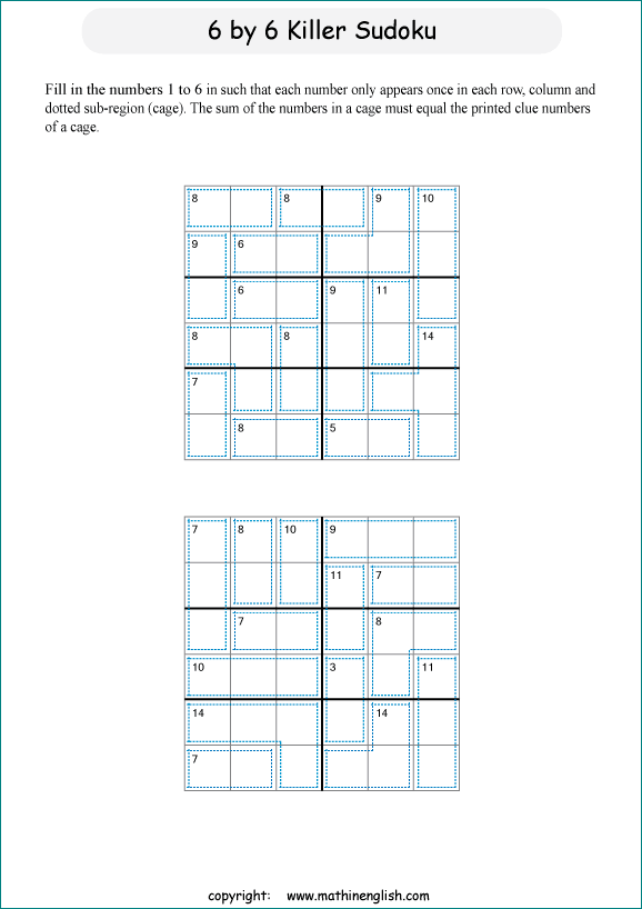 printable 6 by 6 Killer Sudoku math operations puzzle for kids and math students