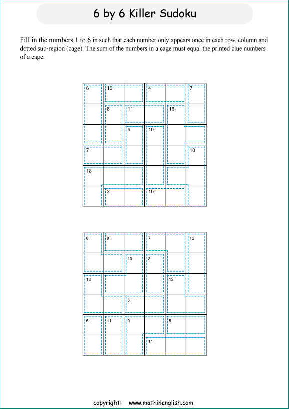 printable 6 by 6 Killer Sudoku math operations puzzle for kids and math students