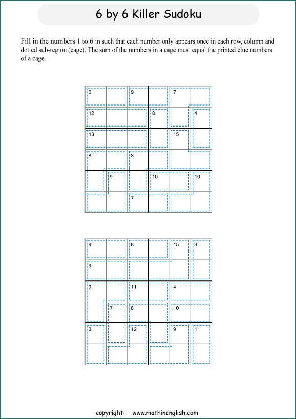 printable 6 by 6 Killer Sudoku math operations puzzle for kids and math students