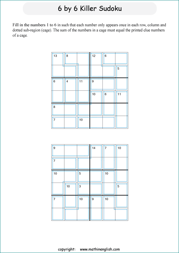 printable 6 by 6 Killer Sudoku math operations puzzle for kids and math students