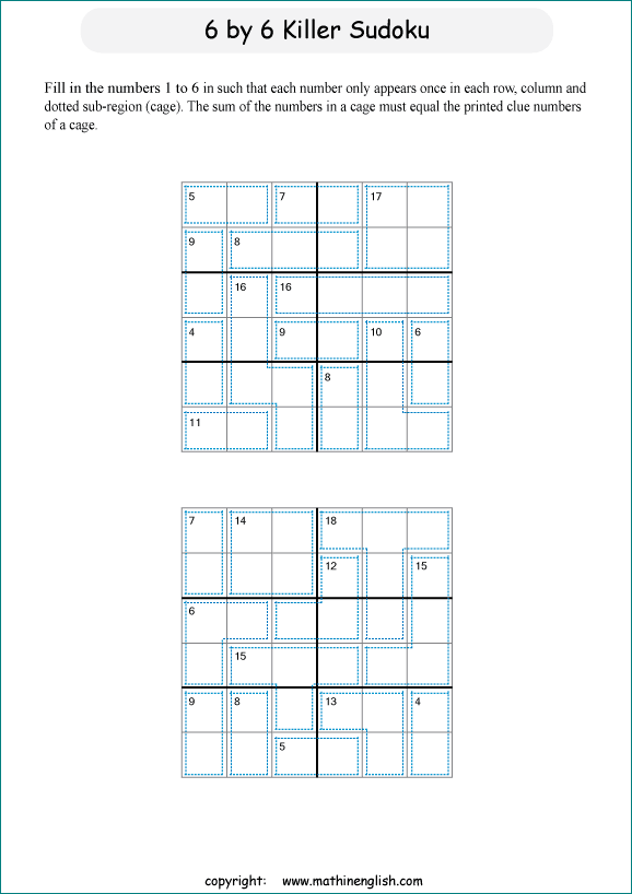 printable 6 by 6 Killer Sudoku math operations puzzle for kids and math students