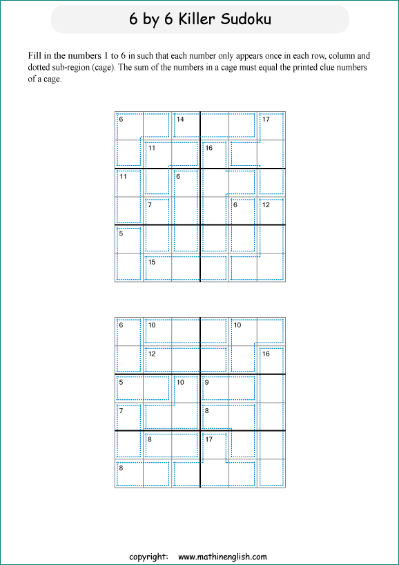 printable 6 by 6 Killer Sudoku math operations puzzle for kids and math students