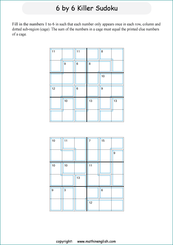 printable 6 by 6 Killer Sudoku math operations puzzle for kids and math students