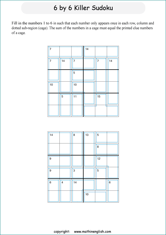 printable 6 by 6 Killer Sudoku math operations puzzle for kids and math students