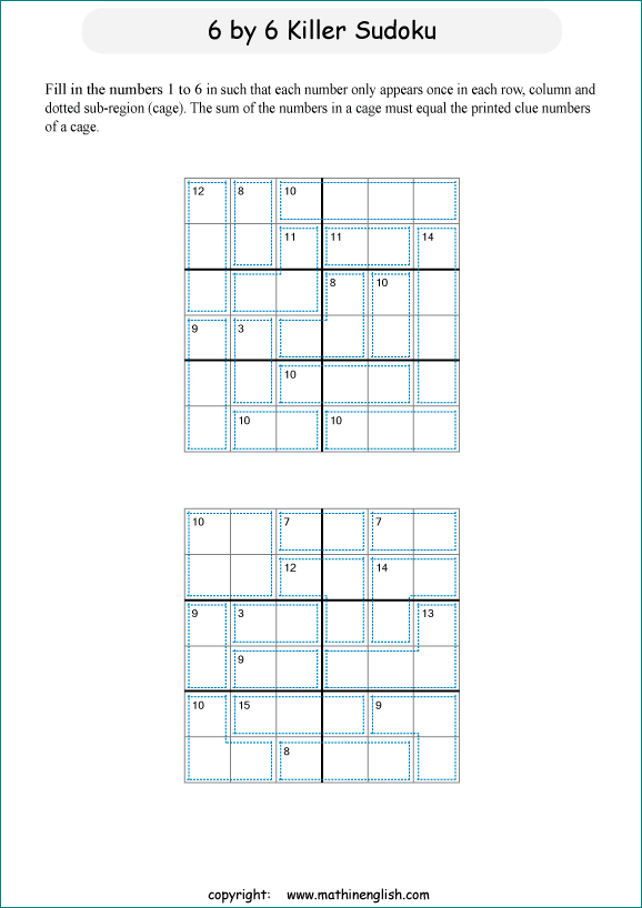 printable 6 by 6 Killer Sudoku math operations puzzle for kids and math students