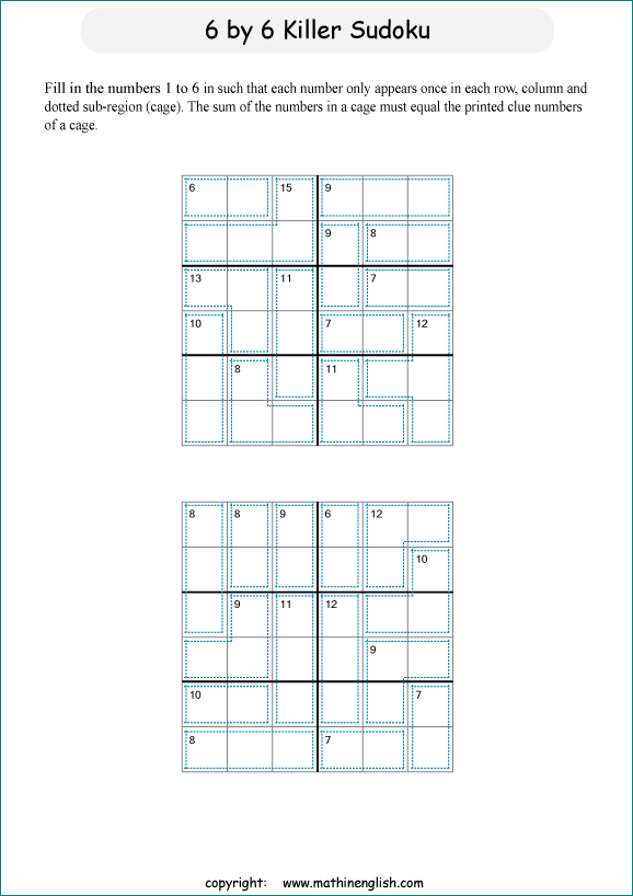 printable 6 by 6 Killer Sudoku math operations puzzle for kids and math students