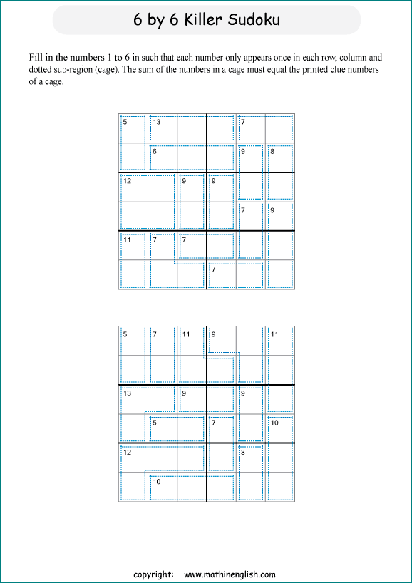 printable 6 by 6 Killer Sudoku math operations puzzle for kids and math students