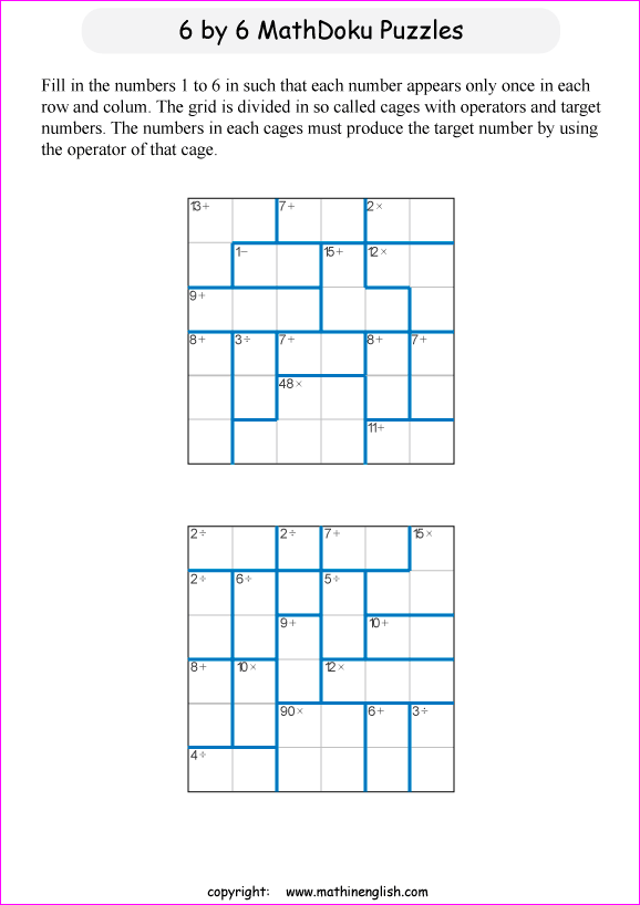 printable 6 by 6 mathdoku math operations puzzle for kids and math students