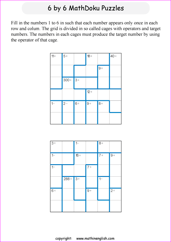 printable 6 by 6 mathdoku math operations puzzle for kids and math students