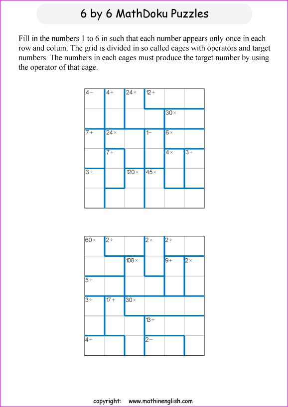 printable 6 by 6 mathdoku math operations puzzle for kids and math students