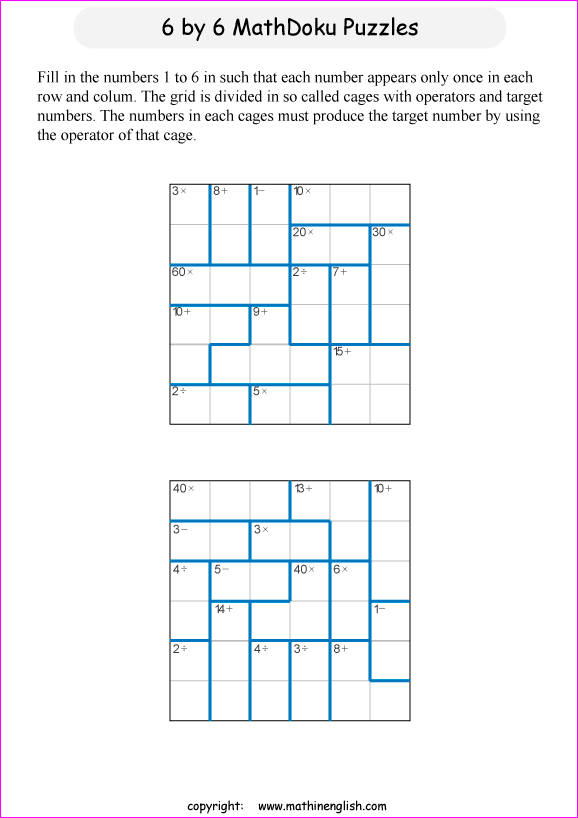 printable 6 by 6 mathdoku math operations puzzle for kids and math students