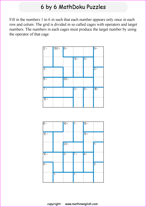 printable 6 by 6 mathdoku math operations puzzle for kids and math students