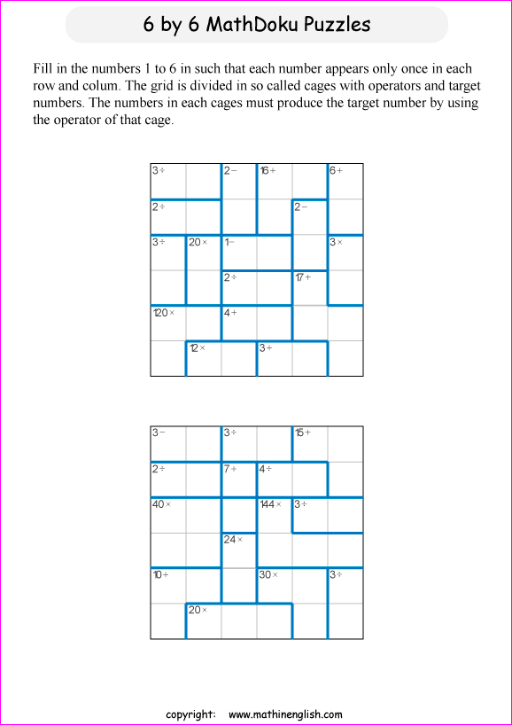 printable 6 by 6 mathdoku math operations puzzle for kids and math students