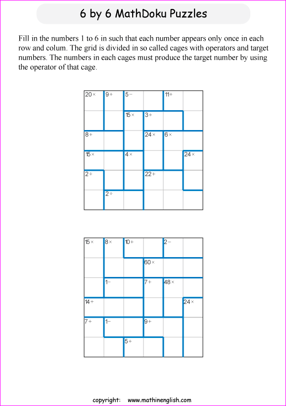 printable 6 by 6 mathdoku math operations puzzle for kids and math students