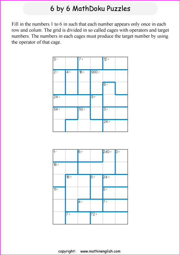 printable 6 by 6 mathdoku math operations puzzle for kids and math students