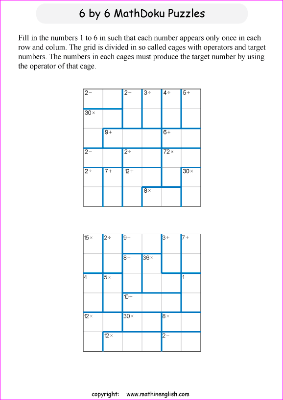 printable 6 by 6 mathdoku math operations puzzle for kids and math students