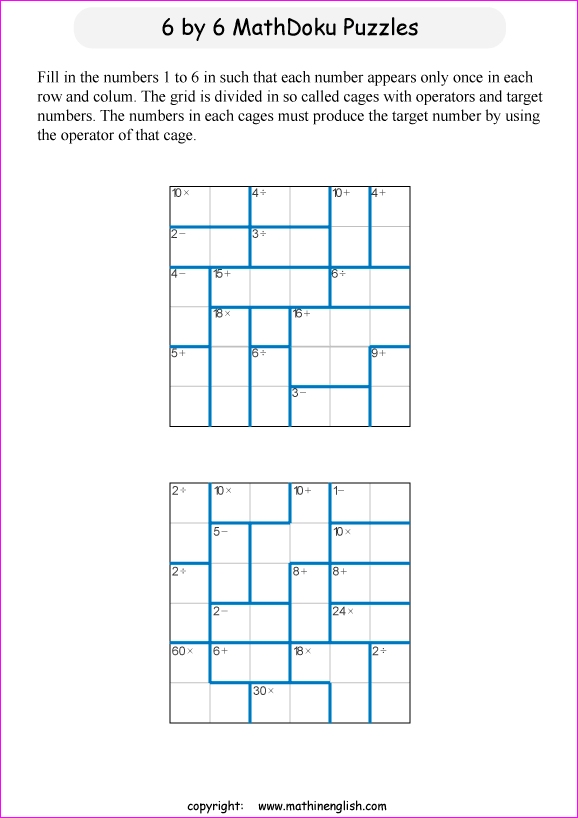 printable 6 by 6 mathdoku math operations puzzle for kids and math students