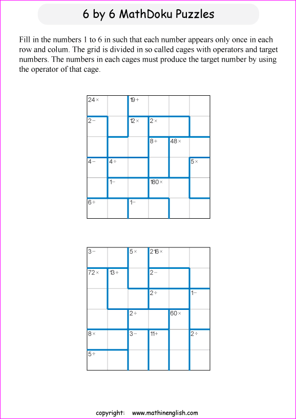 printable 6 by 6 mathdoku math operations puzzle for kids and math students