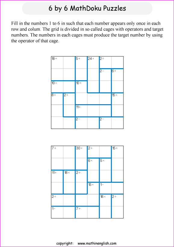 printable 6 by 6 mathdoku math operations puzzle for kids and math students