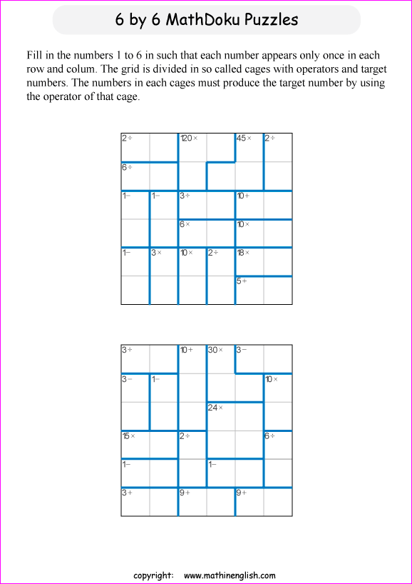 printable 6 by 6 mathdoku math operations puzzle for kids and math students