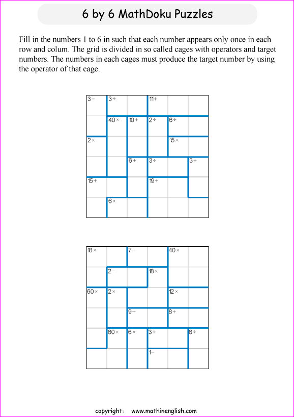 printable 6 by 6 mathdoku math operations puzzle for kids and math students