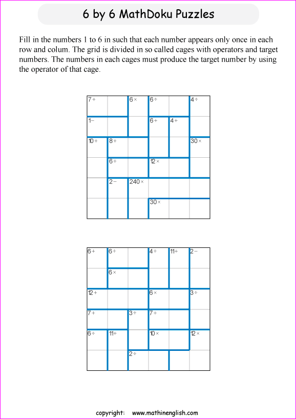 printable 6 by 6 mathdoku math operations puzzle for kids and math students